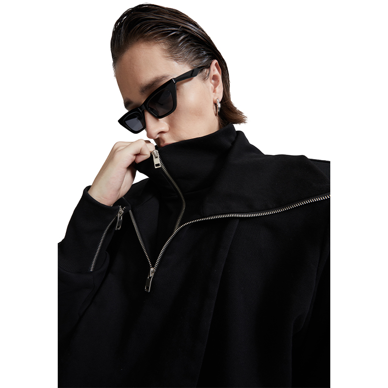 SOURPLUM原创设计假两件春季卫衣 宽松休闲立领垫肩上衣 刘宇同款