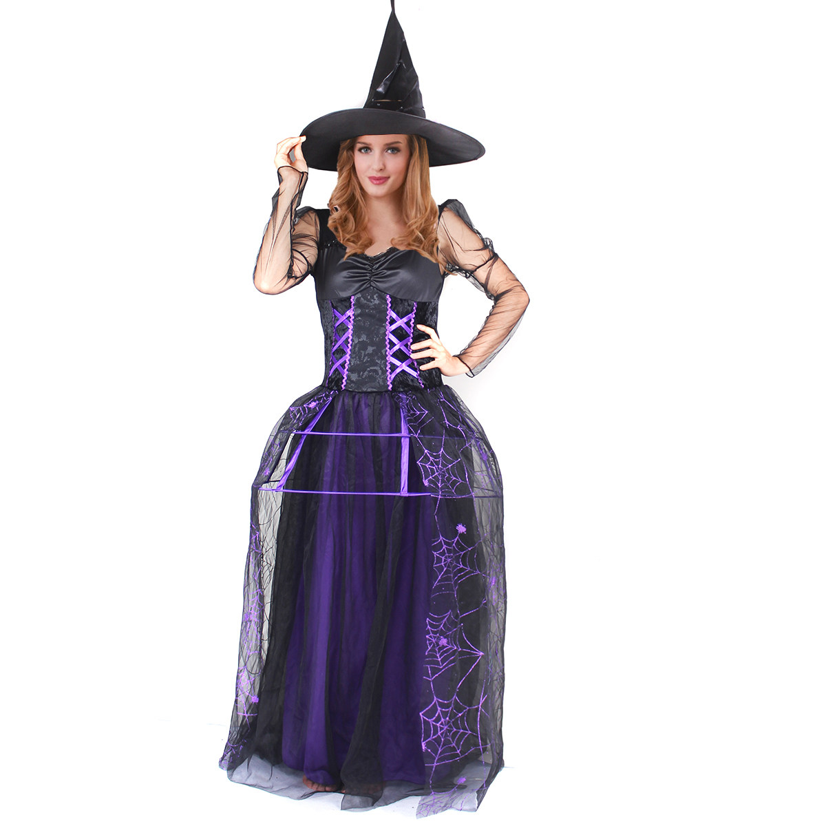 成人女士万圣节神秘邪恶女巫巫婆角色扮演服装长裙服饰