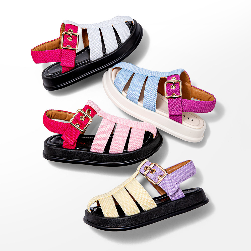 儿童鞋 ellekids童鞋 夏款 女童凉鞋 自营 小女孩包头鞋 编织休闲鞋