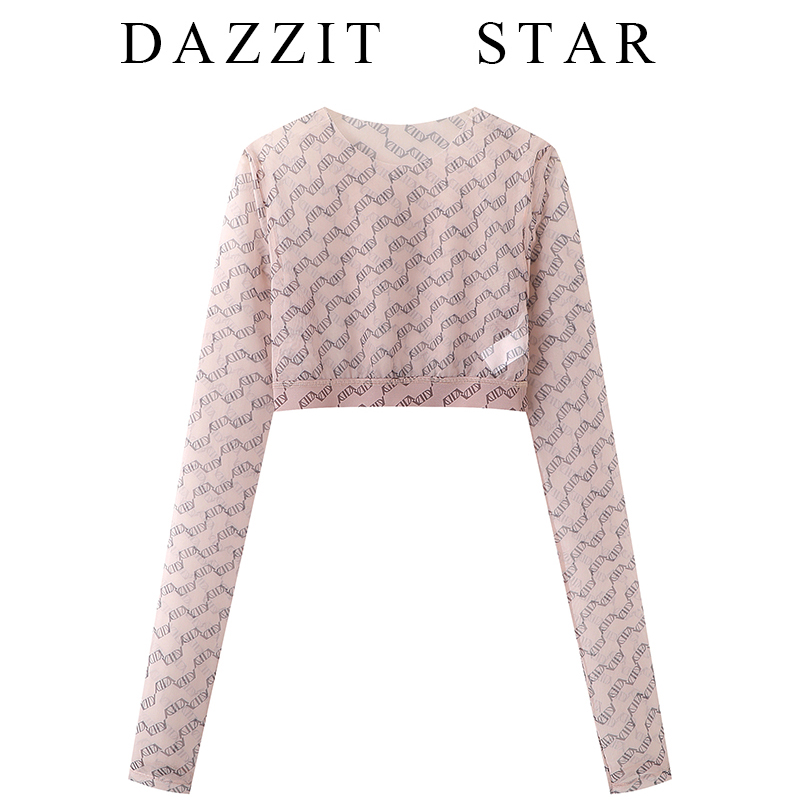 齐格格高端定制2022夏新款微透运动字母印花网纱短款防晒打底衫女