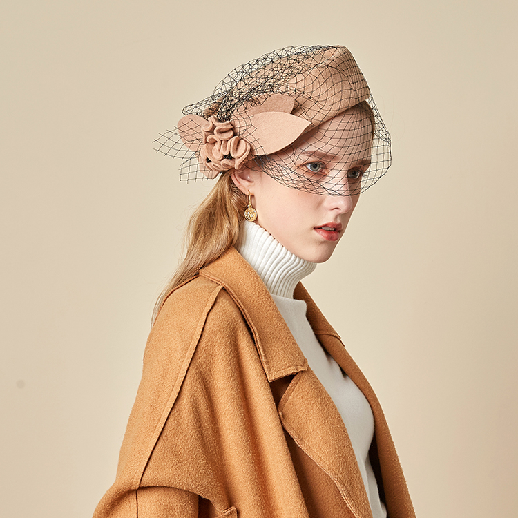 法式复古网纱贝雷帽女士优雅花朵羊毛毛呢空姐帽子