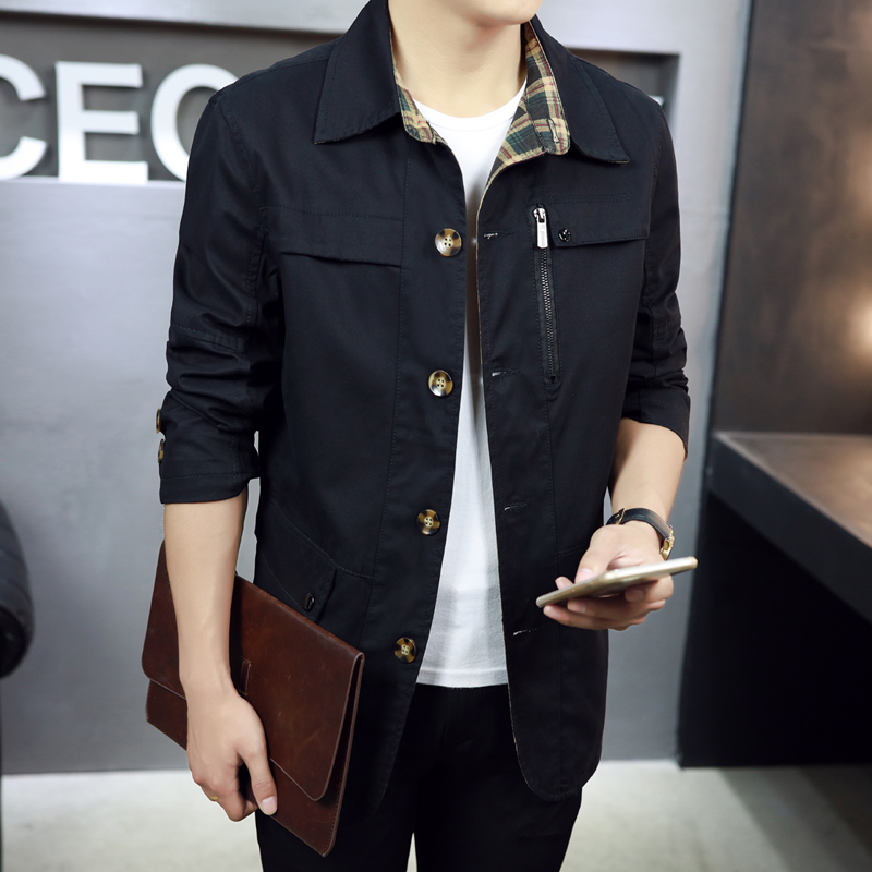 春秋商务休闲男装新款夹克衫男士薄款外套中长款风衣加厚拼接加绒