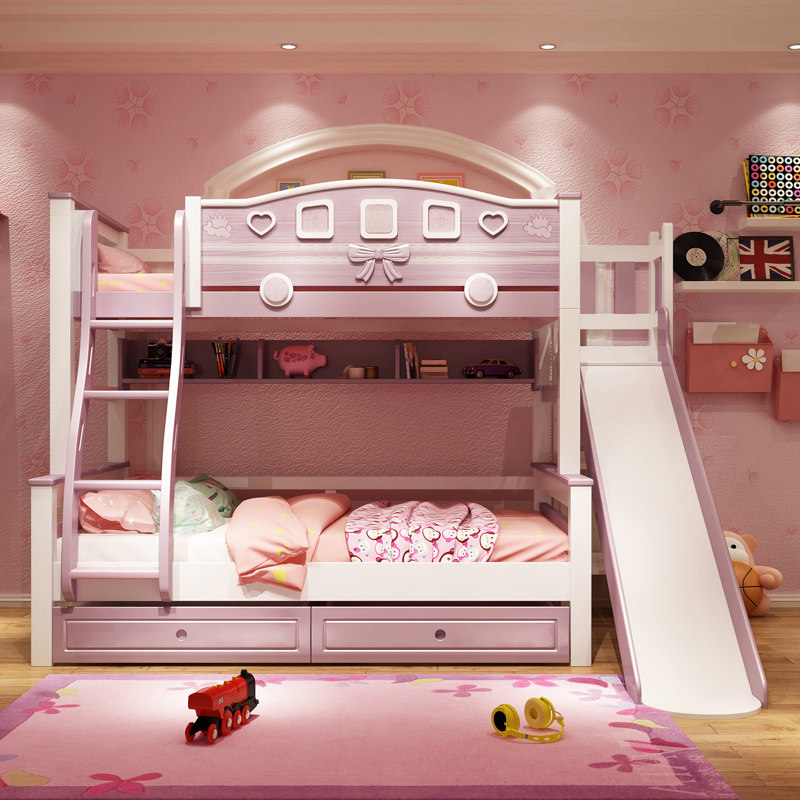 儿童床高低床实木粉色上下床双层床全实木滑梯两层公主现代上下铺