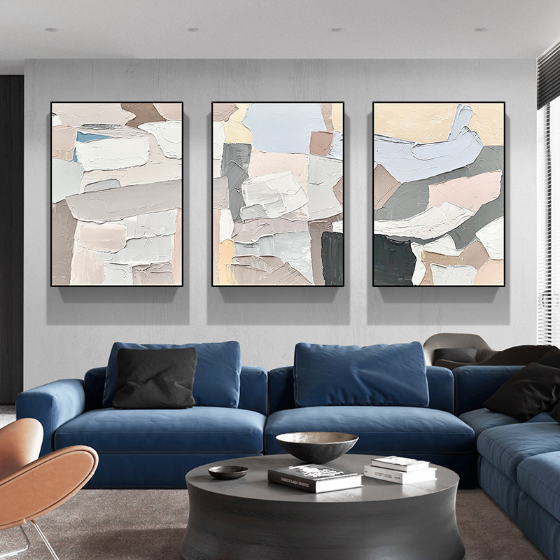 手绘油画 现代简约抽象厚肌理立体装饰画 声色 客厅沙发挂画 三联