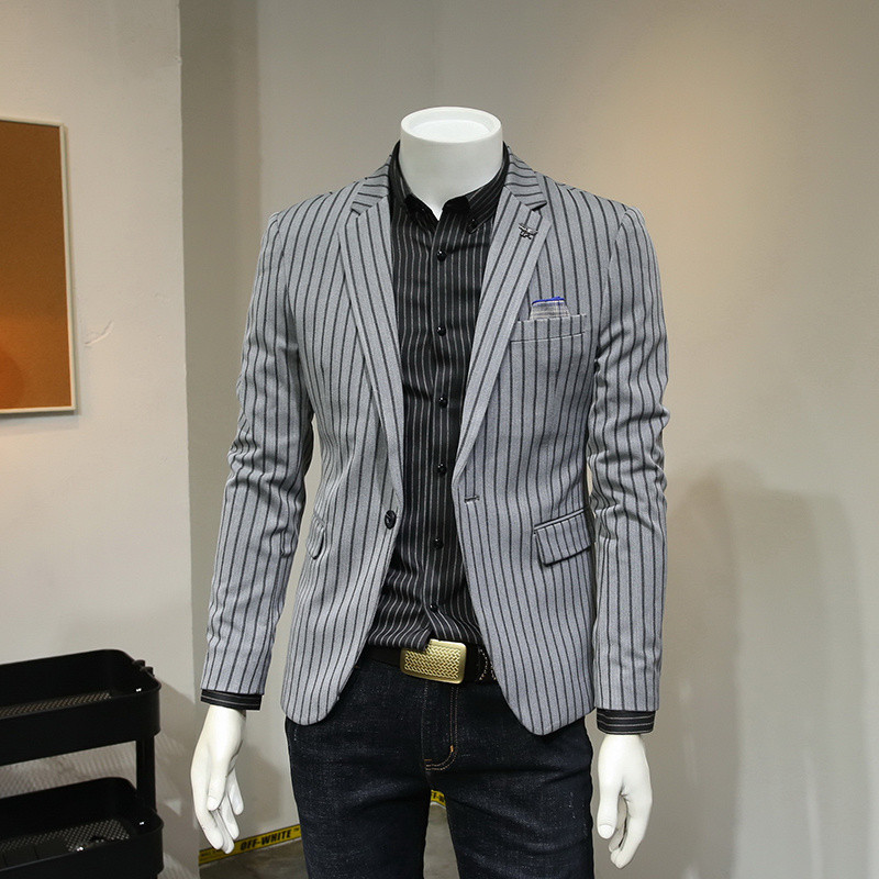 春季韩版男士竖条纹西服男修身潮流休闲小西装格纹西装男外套单西