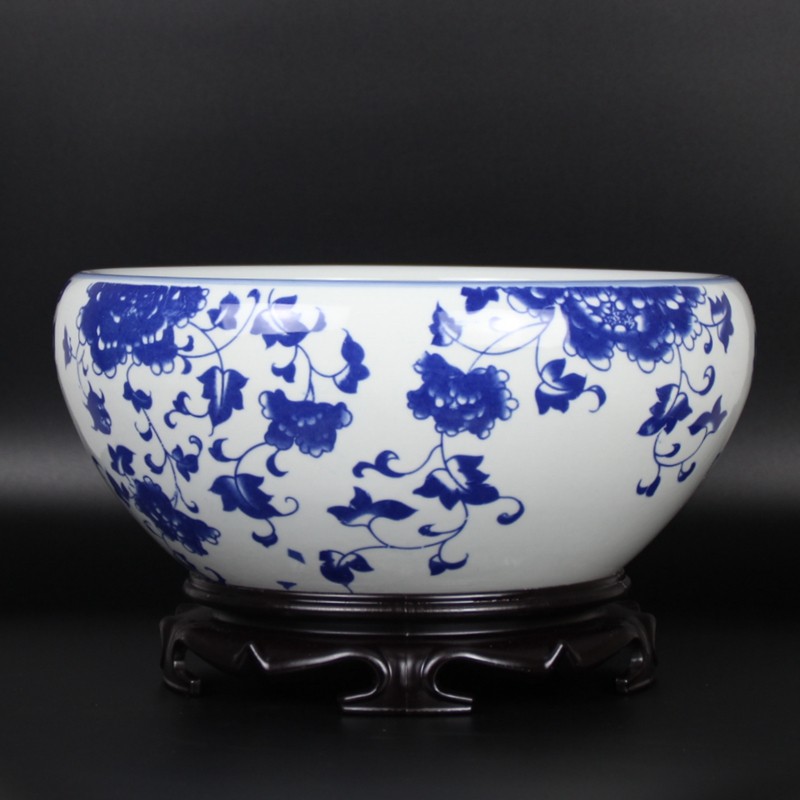 千年传统青花瓷盆缸碗睡莲花盆大口鱼缸无孔陶瓷花盆