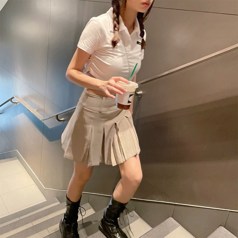 jennie同款美式学院春夏高腰百褶裙半身复古字裙半身裙