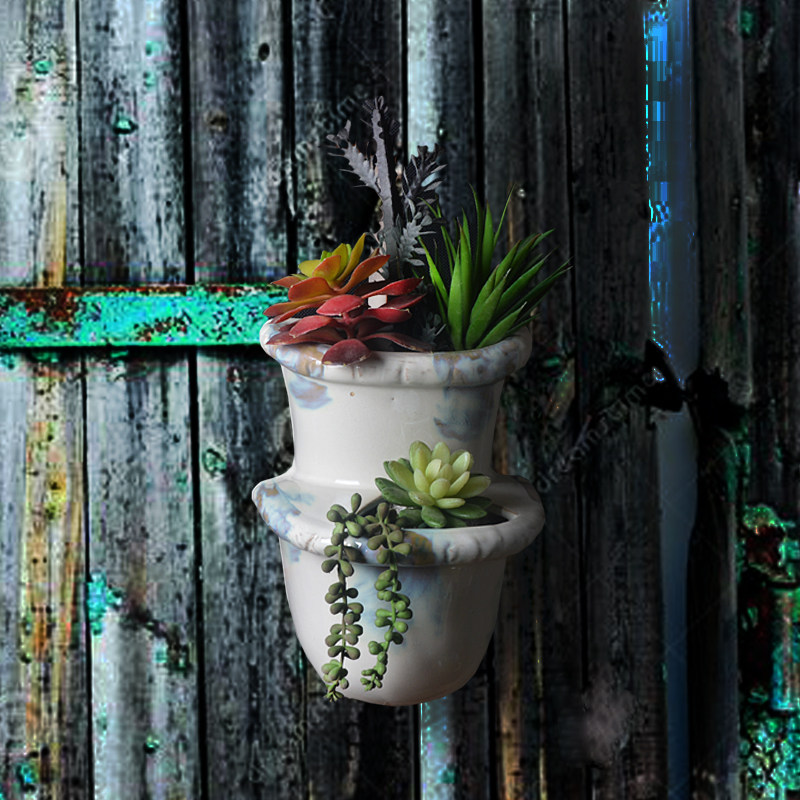 田园复古陶瓷墙壁花盆双层开口立体种植多肉盆花盆