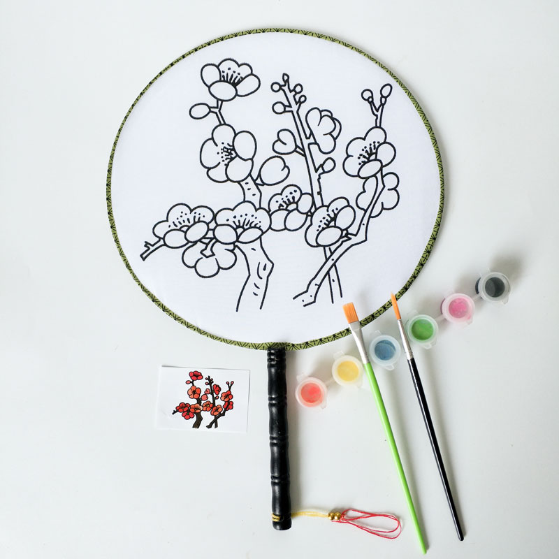 线稿团扇荷花扇子学生宫扇填色涂鸦圆形卡通扇子