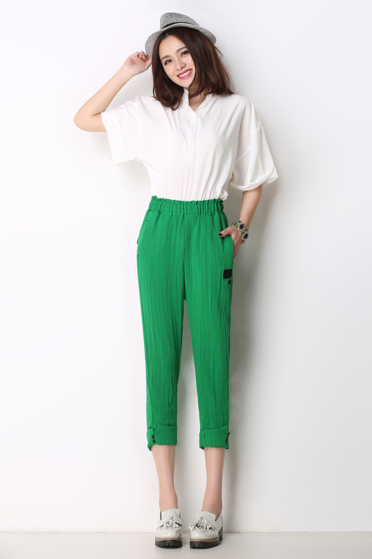 威妍夏季薄款条纹八分裤女韩版时尚休闲七分小脚裤松紧腰大码女裤