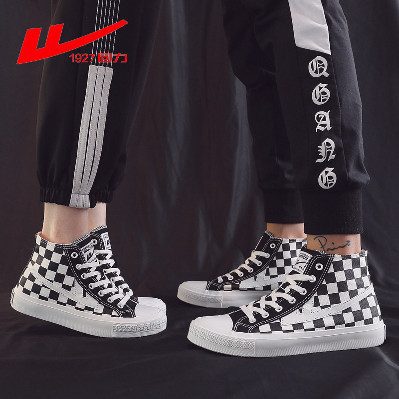 回力棋盘格高帮帆布鞋男女2021秋季款韩版潮流百搭帆布鞋