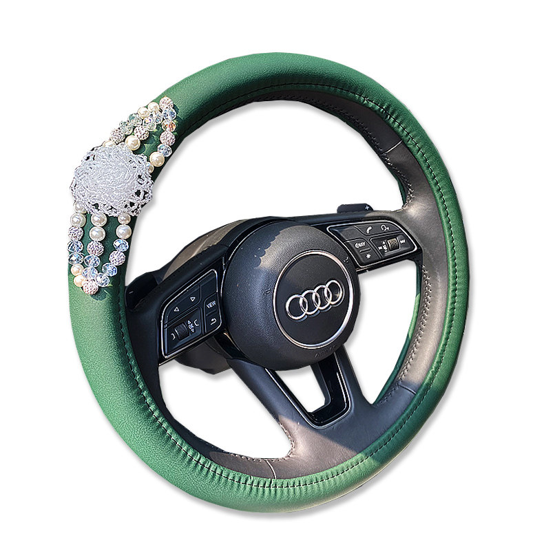 复古祖母祖母绿绿珍珠方向盘珍珠镶钻四季通用皮革方向盘套