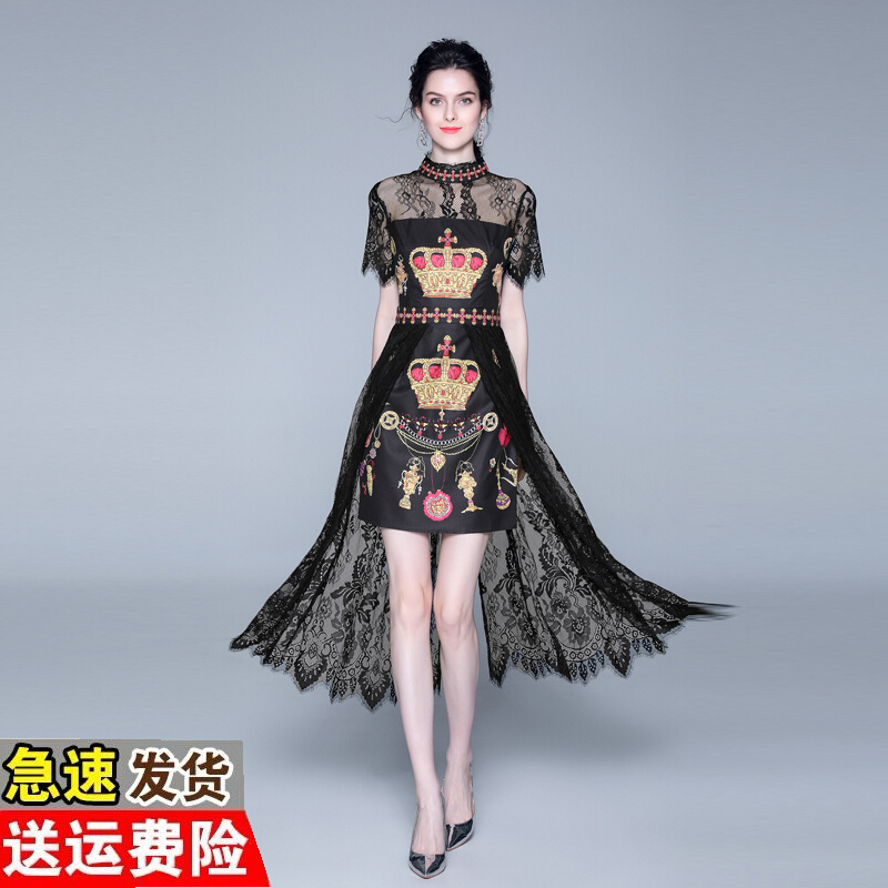 新品名暖印花蕾丝拼接夏季气质修身连衣裙