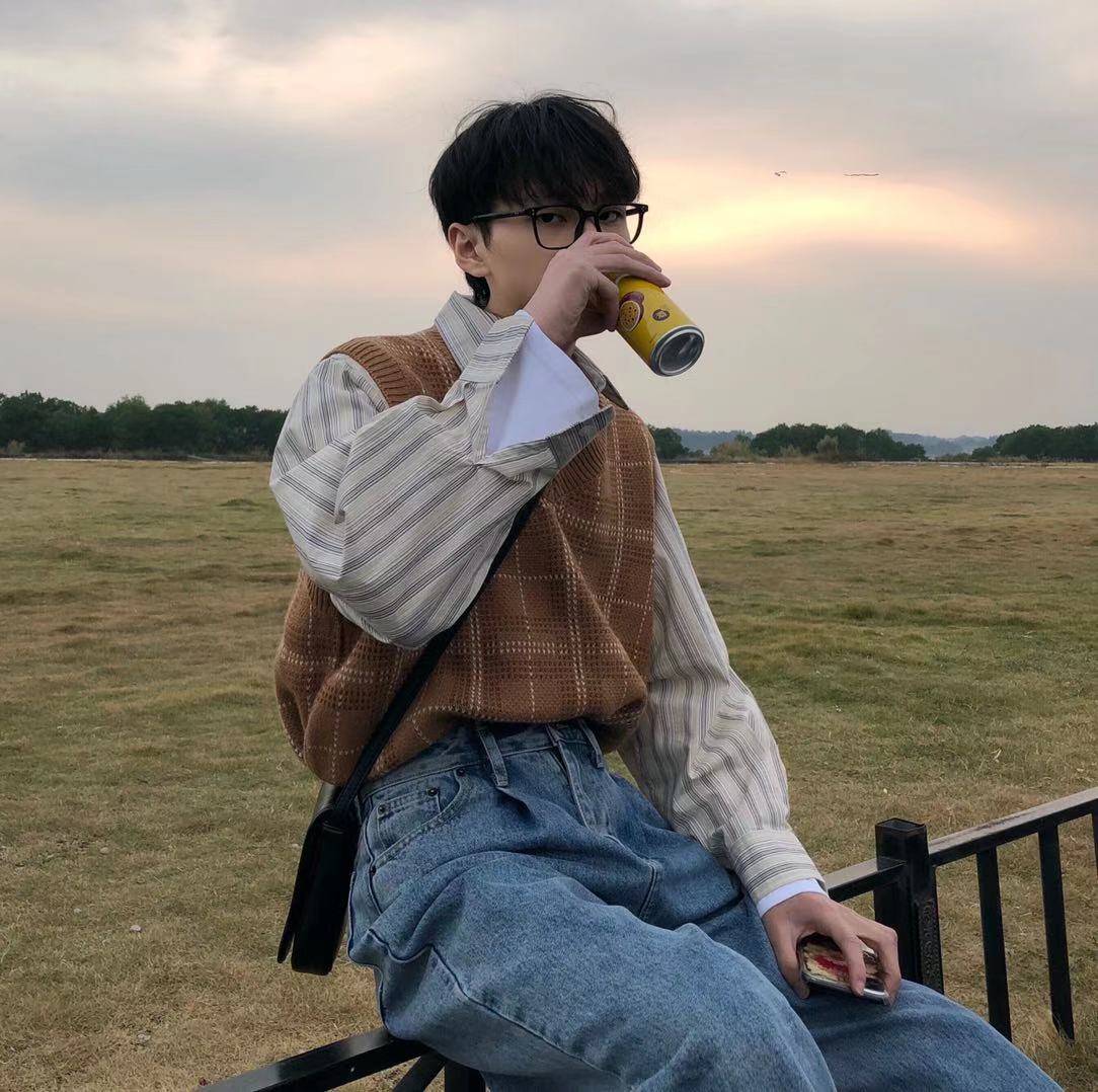 岑海Sea lce 韩版复古格子针织马甲男潮港风宽松情侣套头无袖毛衣