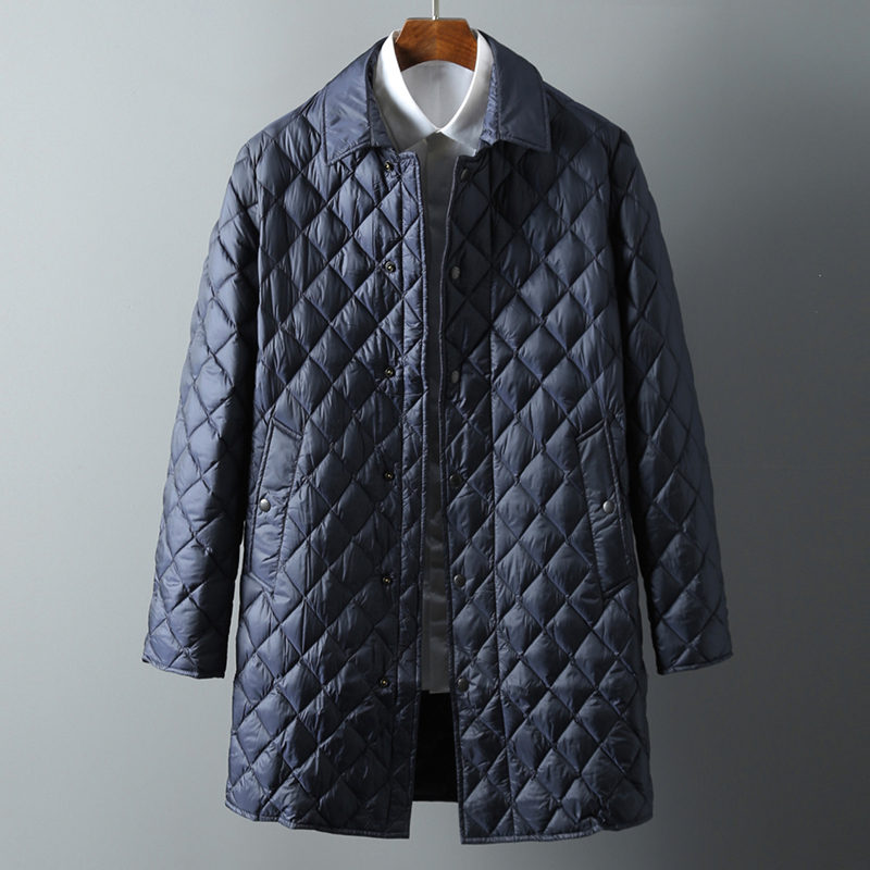 2022秋冬新款男士中长款羽绒服菱形格轻薄款外套宽松大码白鸭绒