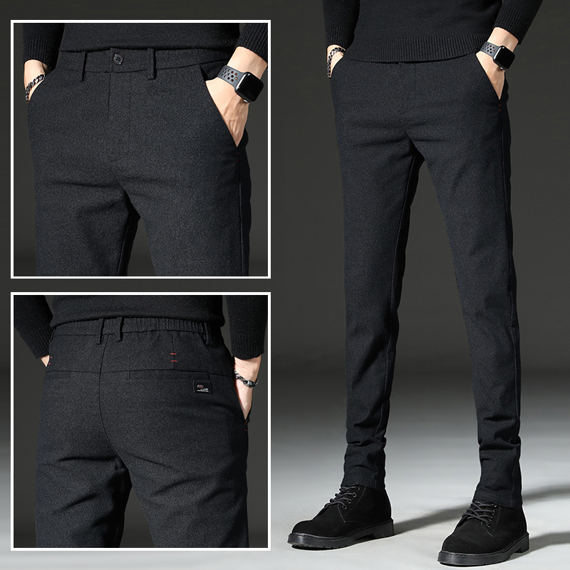 香港黑色休闲裤男秋季韩版加绒磨毛高端西装裤修身小脚长裤子男潮