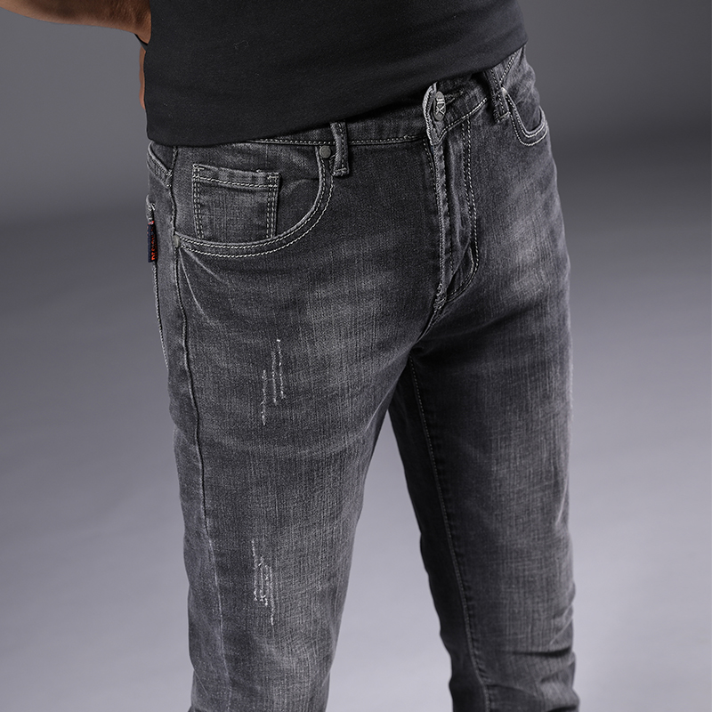 香港春季烟灰色牛仔裤男弹力休闲韩版潮流修身小脚裤子男春秋款