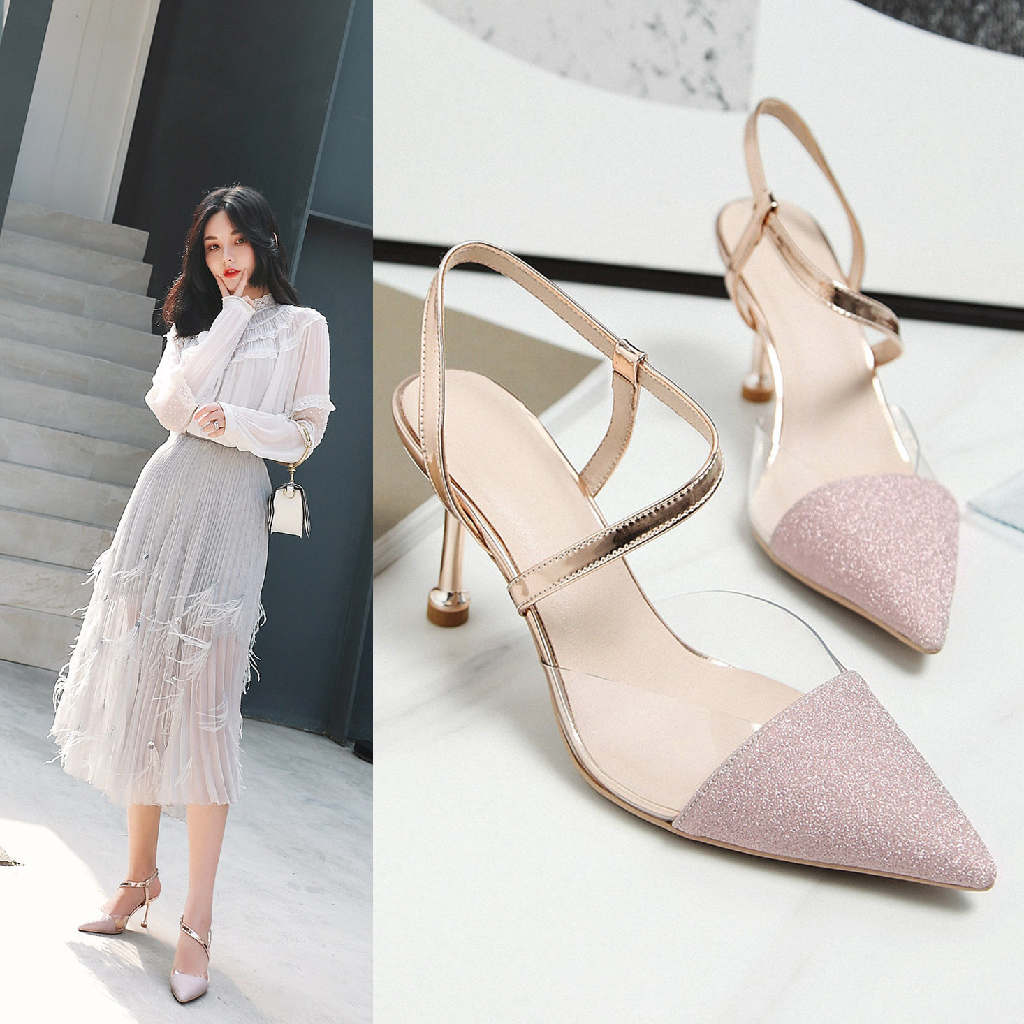 2019新款尖头百搭银色高跟鞋女夏细跟