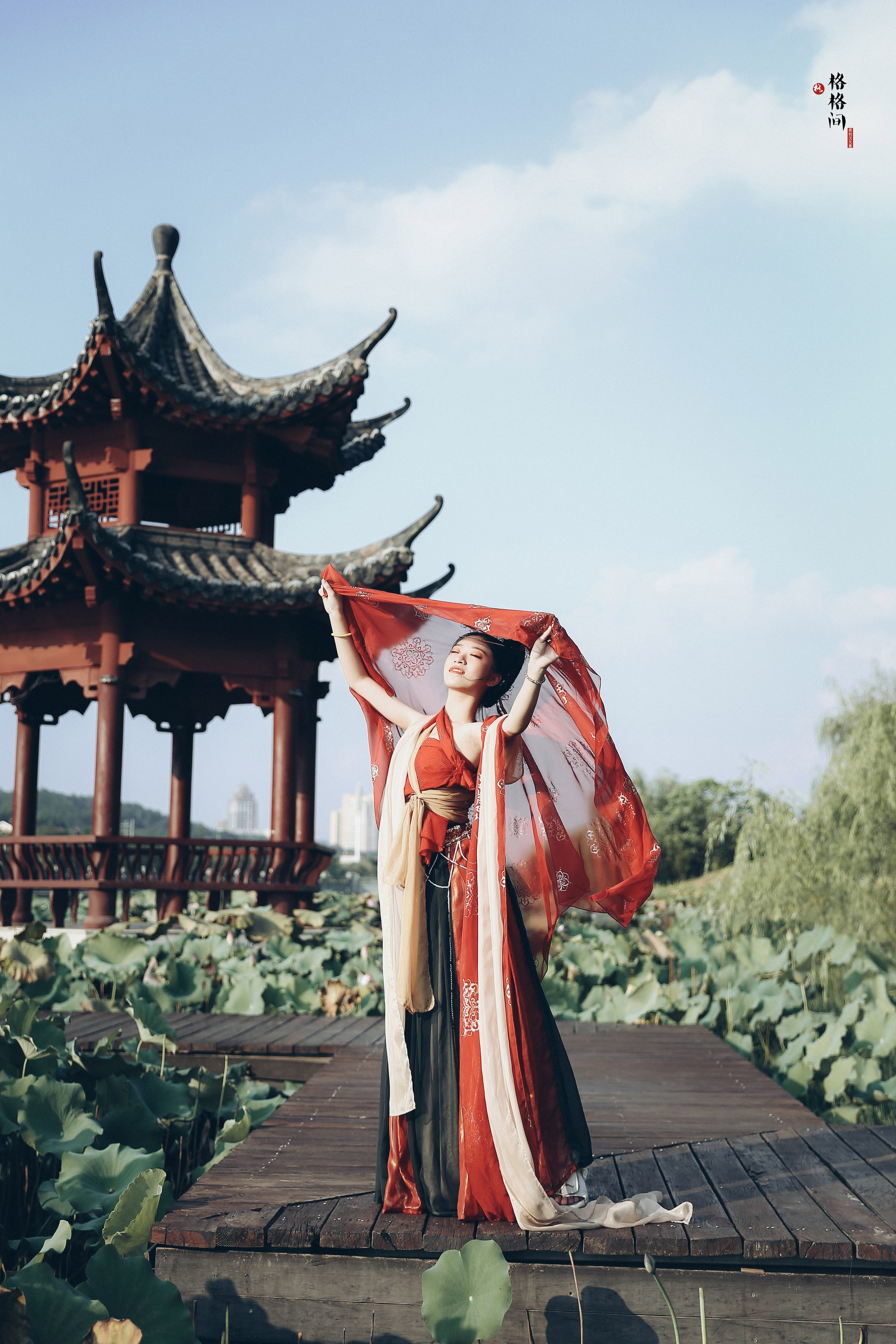 红色印花烫金头纱拍照旅拍茶卡披帛敦煌唐风汉服