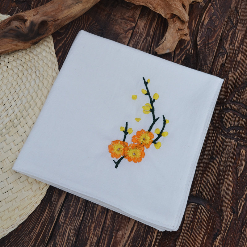 卜然新款男士女士手帕刺绣梅花民族风吸汗棉麻手帕