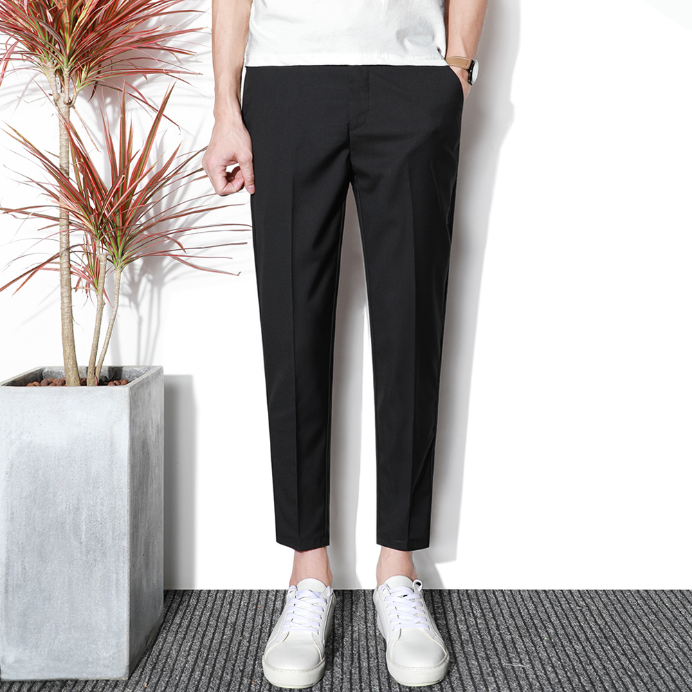秋冬季九分西裤男士修身休闲裤韩版小脚垂感免烫黑色男百搭长裤子
