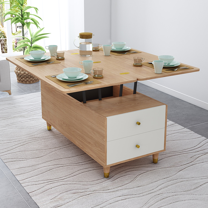 wtl两抽一门升降北欧茶几餐桌两用多功能折叠茶几