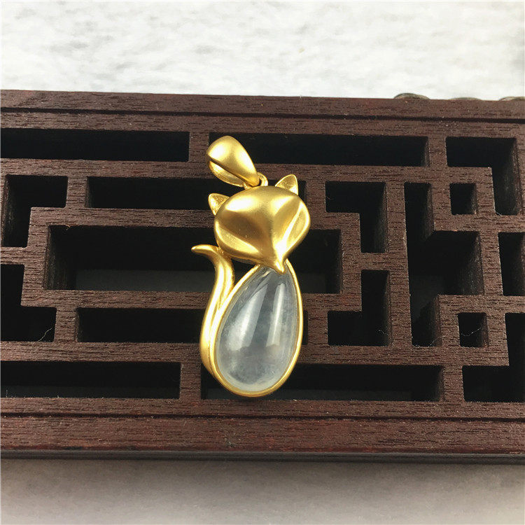 翡翠简安定制18k金镶狐狸吊坠聪明伶俐缅甸镶金颈饰