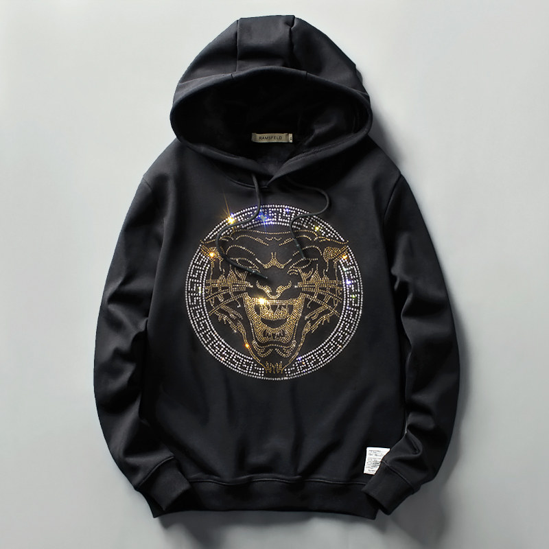 秋冬潮牌烫钻虎头帽衫加绒加厚连帽套头卫衣卫衣