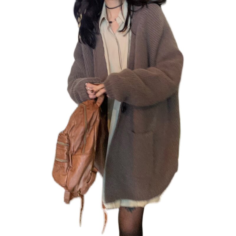 更一和小狗自制灰咖色粗线一粒扣厚毛衣针织开衫外套女