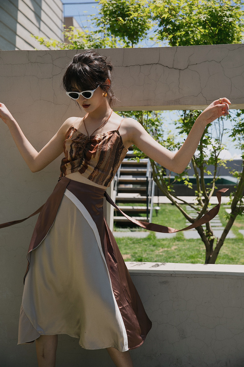 独立设计师深卡其浅米色拼接复古系带裙 半身裙 中长款