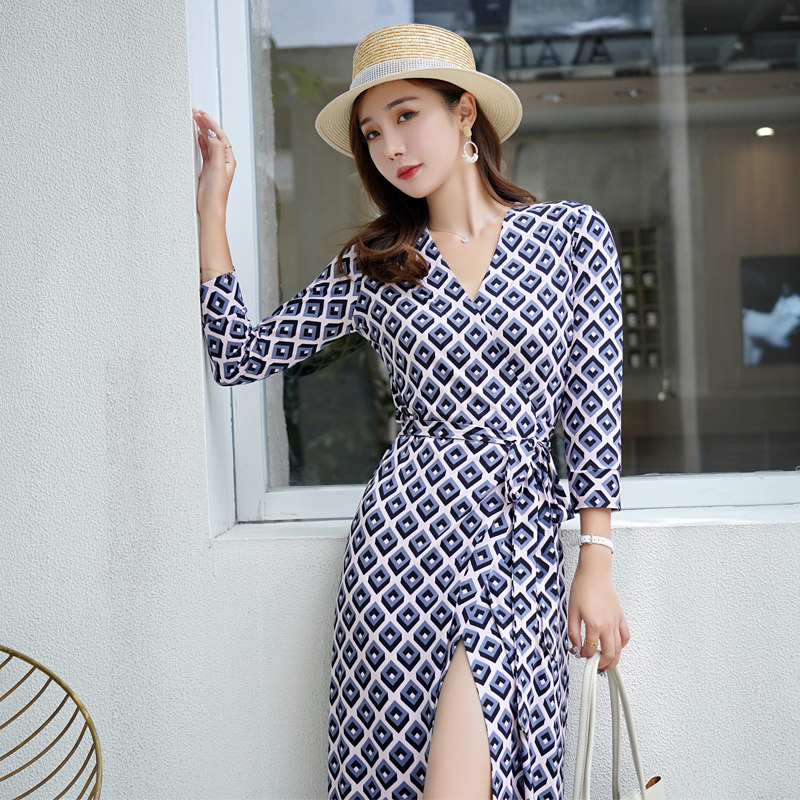 2022春夏季新款锁链长裙系带高腰一片片式裹身连衣裙