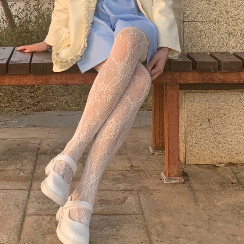 丝袜花朵蕾丝渔网白色jk打底连裤袜大码纯欲连裤袜