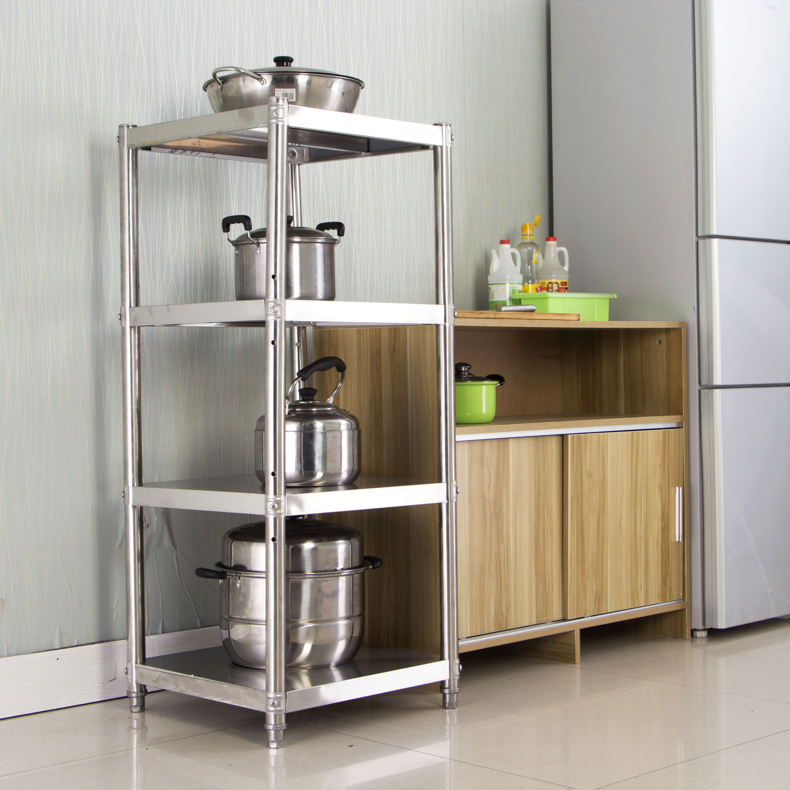 不锈钢厨房置物架多层落地方形夹缝45cm收纳盆架厨房置物架