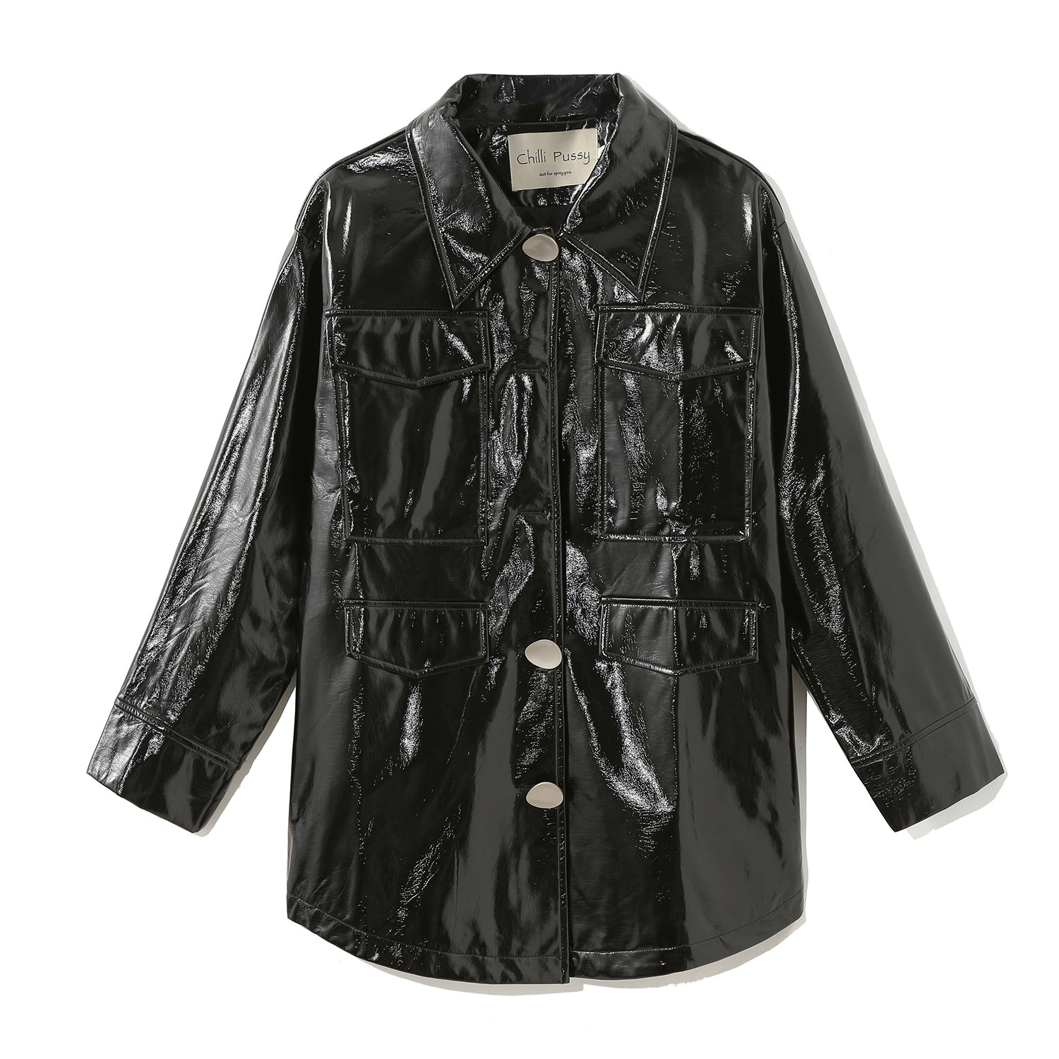 chillipuss原创设计 中长款大口袋亮面皮衣翻领外套皮外套