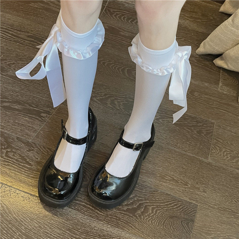 洛丽塔袜子蝴蝶结绑带可爱日系少女萝莉纯欲白色中筒袜