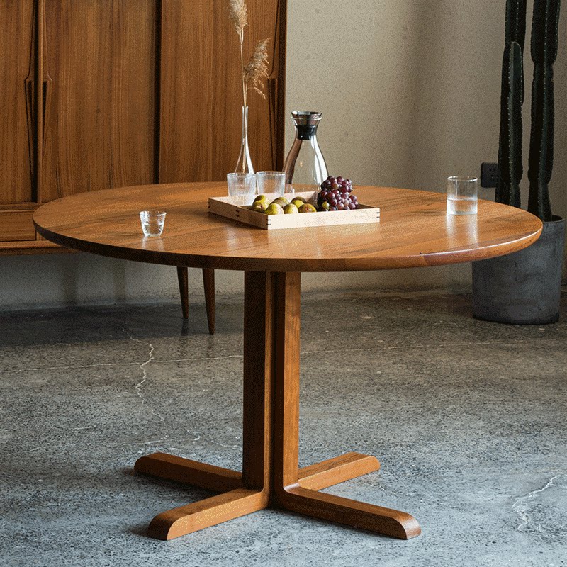 木纳家具北欧中古圆形餐桌日式实木立柱圆桌实木餐桌