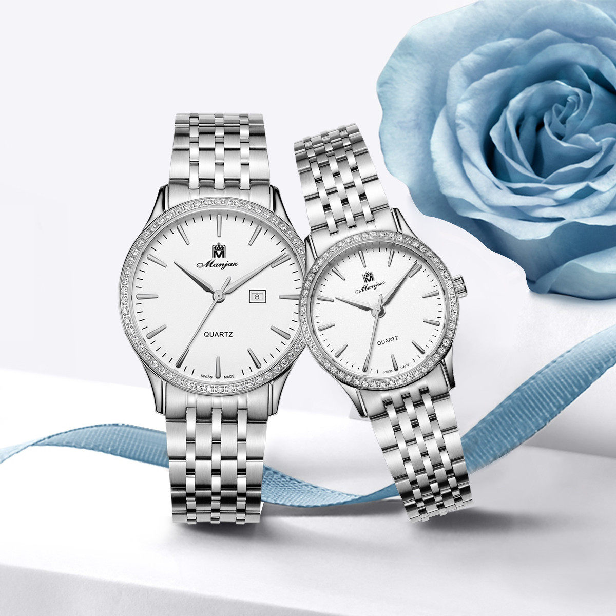 瑞士名爵手表manjaz男女进口休闲石英表表盘钢带瑞士腕表