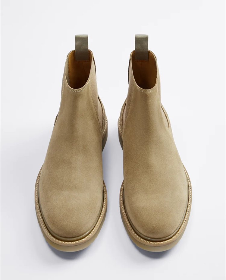 欧美新款真皮男鞋米色反绒皮牛皮革复古切尔西短靴 12002620102