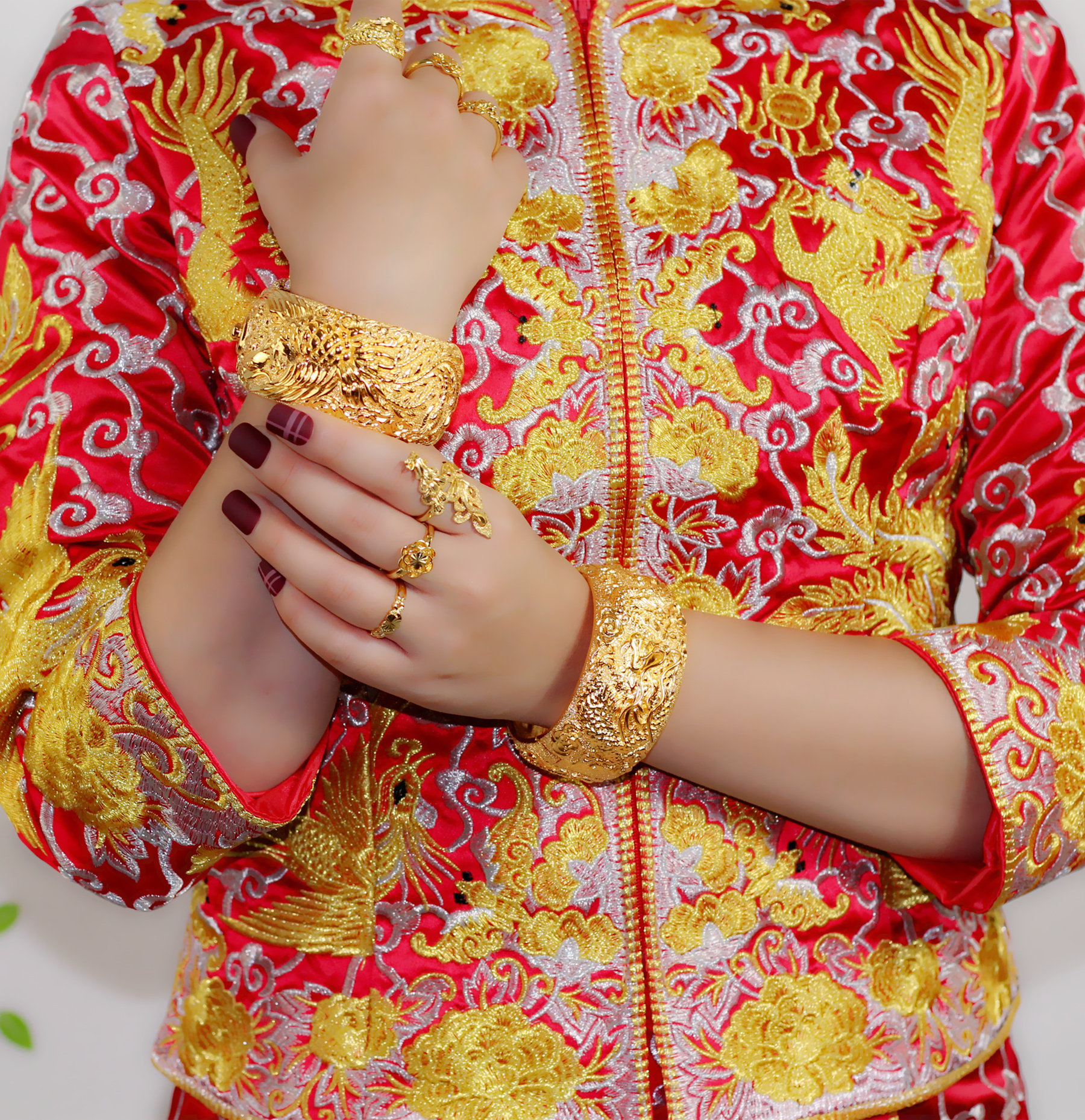 镀金龙凤手镯新款宽面新娘镯子双扣金手镯婚嫁手镯