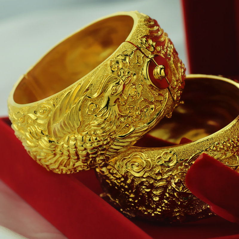 镀金龙凤手镯新款宽面新娘镯子双扣金手镯婚嫁手镯