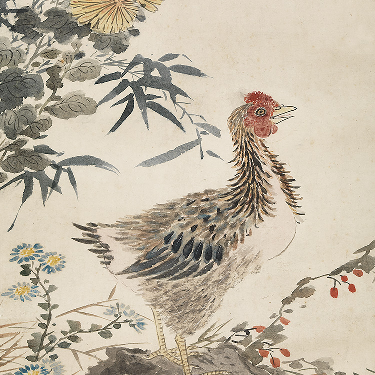 唐寅画鸡真迹复制品24x93cm台北故宫收藏明代国画国画