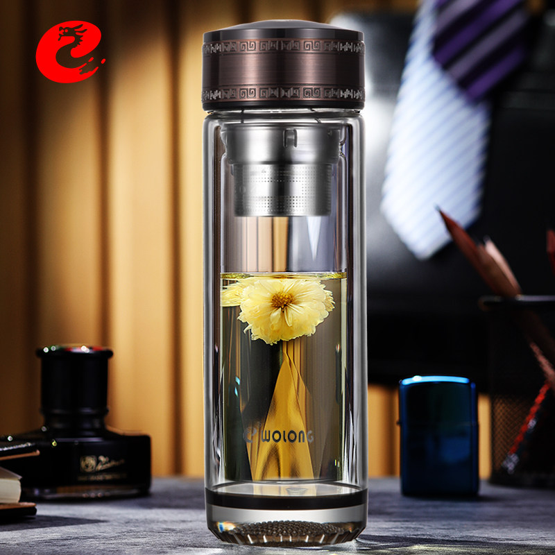 卧龙双层水杯隔热加厚男士便携车载泡茶杯子玻璃杯