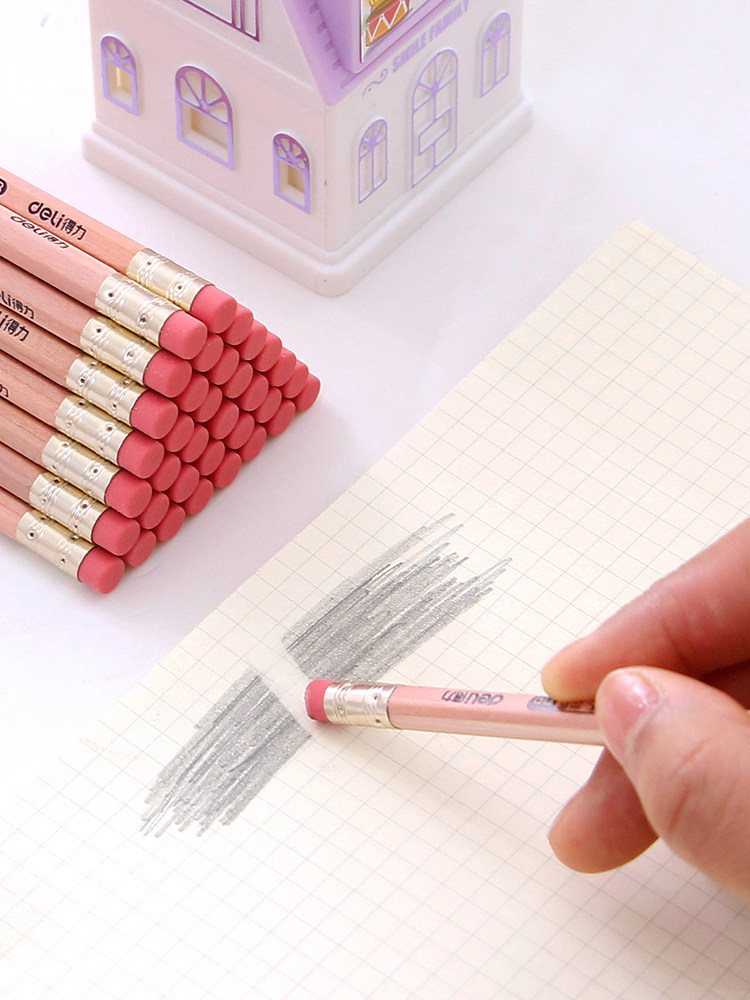 得力六角考试儿童椴木2b原木小学生50支橡皮铅笔