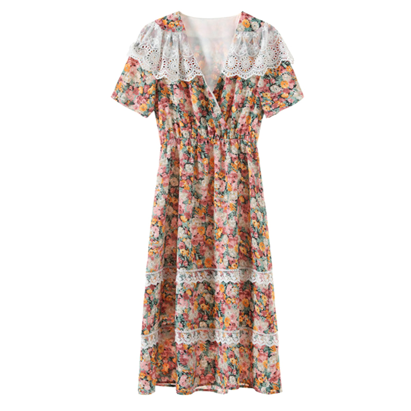 春夏新品复古气质收腰油画碎花洋裙大摆连衣裙连衣裙