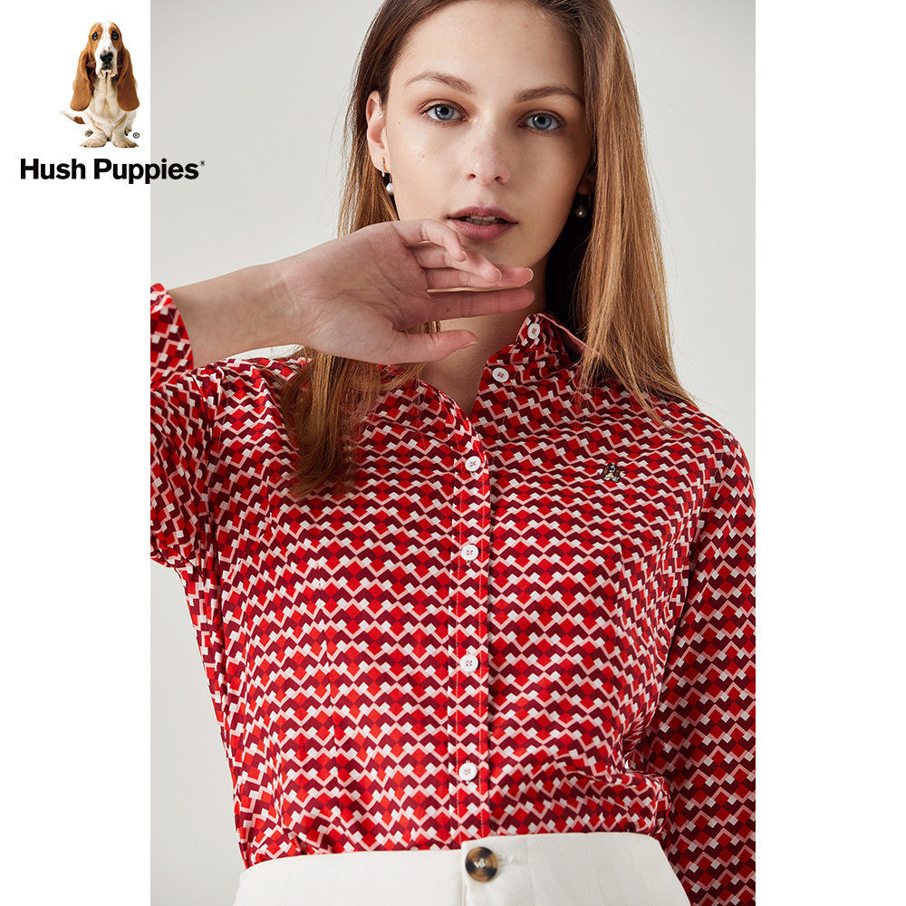hushpuppies暇步士女装2019夏季新款格子印花长袖衬衫