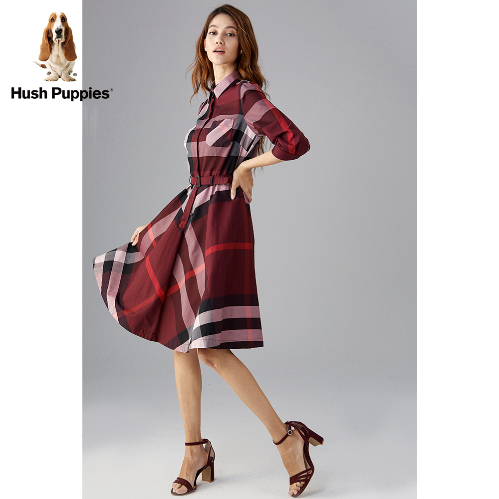 hush puppies暇步士女装2020春新款格子收腰气质连衣裙|hz-19508d