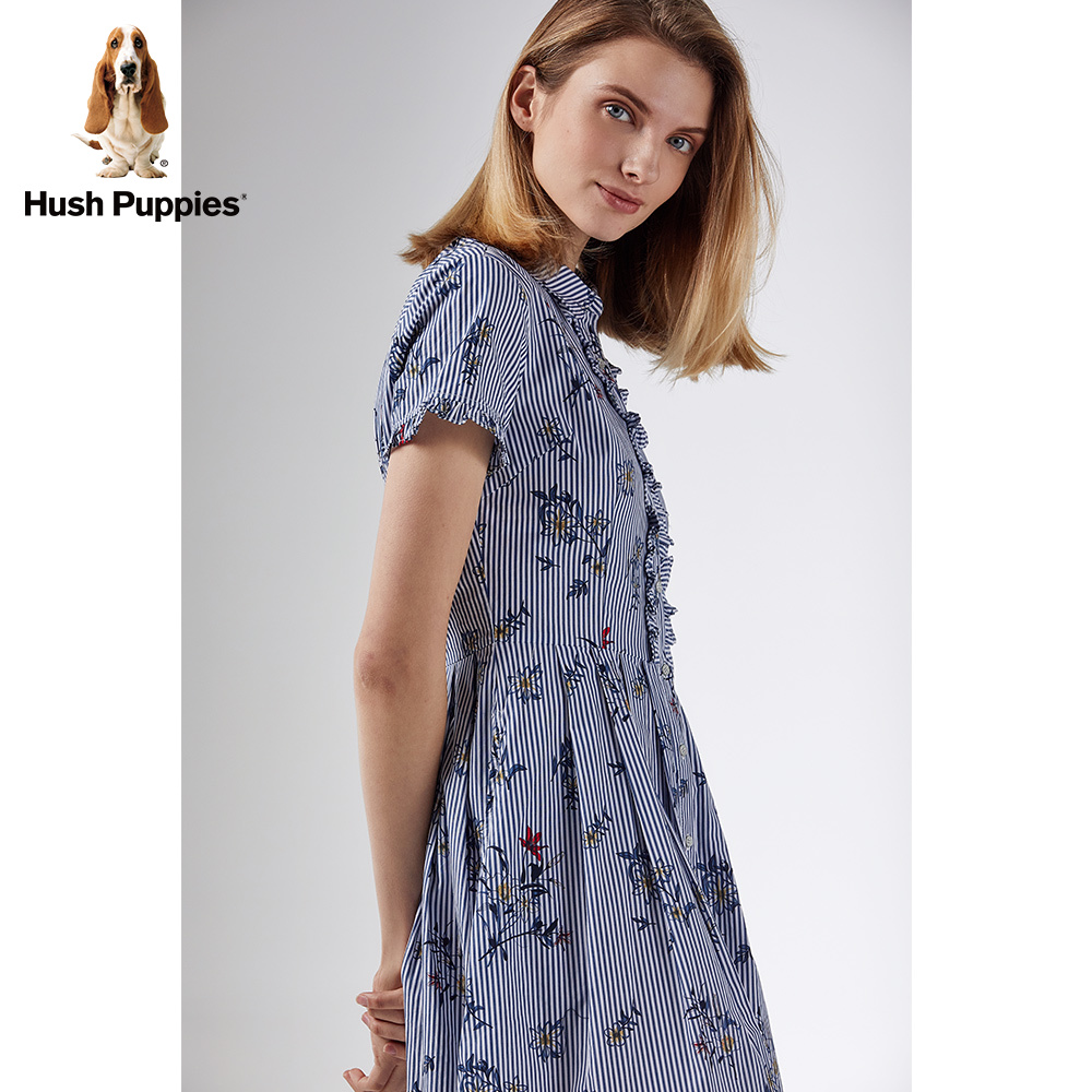 hush puppies暇步士女装2019夏条纹印花衬衫收腰连衣裙|hz-19361