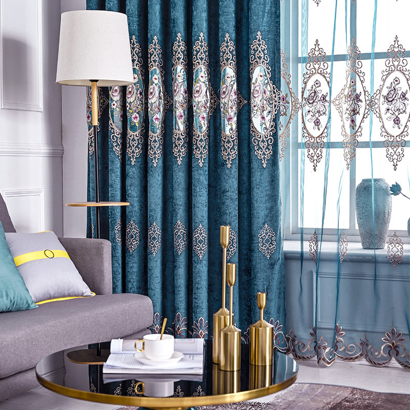 欧式绣花窗帘高档雪尼尔布料双层卧室绣花窗帘成品定制客厅窗帘纱
