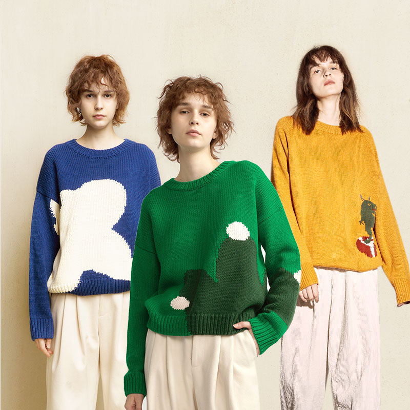 HOWL设计BV绿色亲肤原创图案圆领套头宽松针织花花仙人掌恐龙毛衣