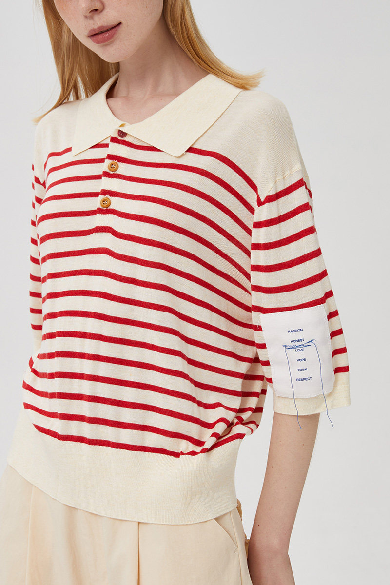 howlevergreen蓝色红色细横条纹polo少女复古短款polo衫